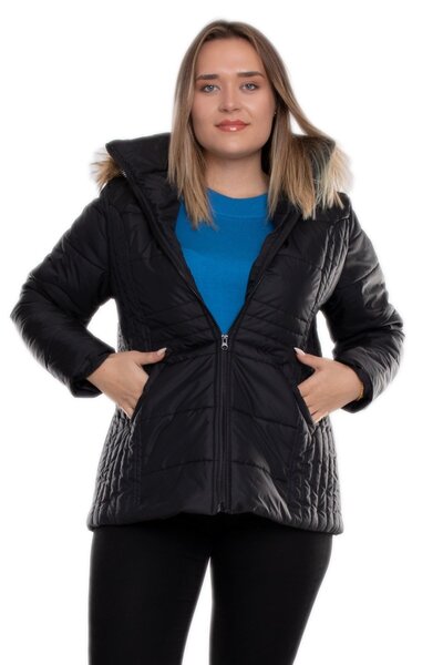 RMG 9761 Büyük Beden Kapüşonu Kürklü Kadın Şişme Mont