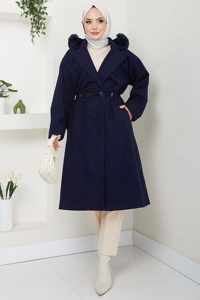 hafsamina Παλτό Navy Blue Stash - με κουκούλα και κορδόνι στη μέση HM2604