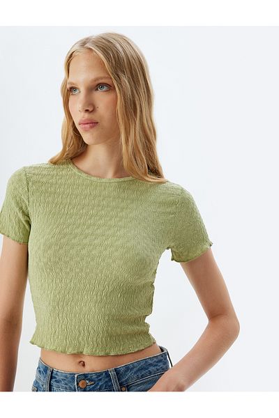 Koton Crew Neck Slim Fit Crop T-Shirt - Wrap, Short Sleeve
