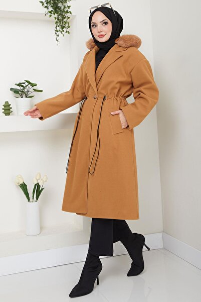 hafsamina Tan Stamp Coat - Hooded and Drawstring Waist Hm2604