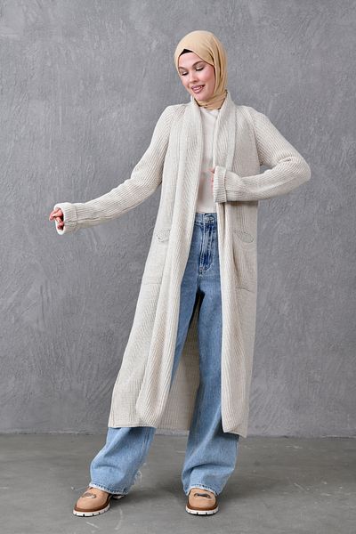 4S1B FASHION سترة صوفية طويلة من قماش التريكو الحجري بجيب مزدوج وياقة شال 5001