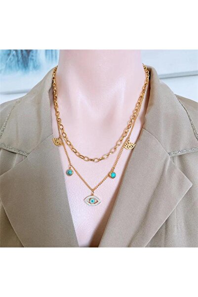 DEMOKAN Kadın Çelik Kolye 2'li Zirkon Göz Turkuaz Taş Kolye