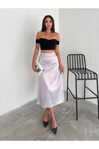 Gugus Жіноча модна сіра спідниця середньої довжини з атласу