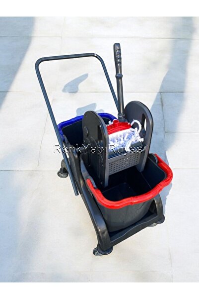 RENK YAPI RÜYASI ENDÜSTRİYEL ÇİFT KOVALI KAT TEMİZLİK ARABASI GENİŞ PASPAS TE...