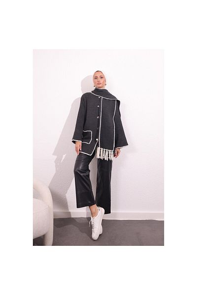 Bold Grup Women's Standard Embroidered Mussel Patterned Pocketed Cardigan Jacket Coat Tassel Scarf