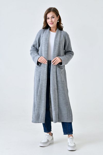 WOMAN VISION Tricotaj gri, guler șal, cardigan lung - buzunar dublu detaliat 5001