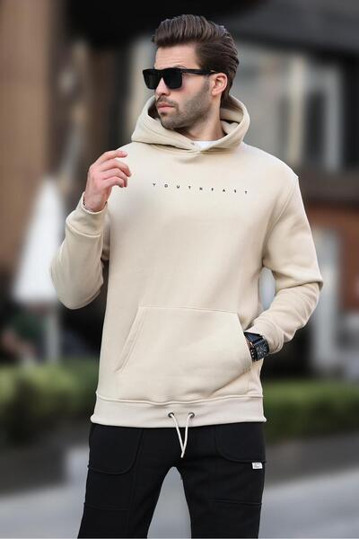 Madmext Ανδρικό φούτερ 7077 - Μπεζ με κουκούλα και στάμπα