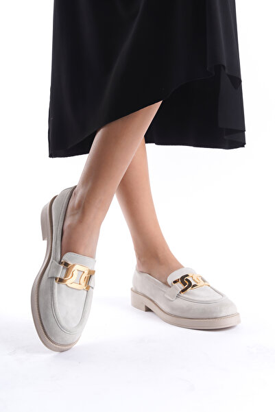 Deassa Hakiki Süet Deri Krem Tokalı Lofer Kadın Ayakkabısı