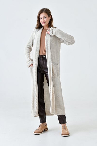WOMAN VISION Stone Colored Knitwear Women's Cardigan - Double Pocket, Shawl Collar, Long 5001