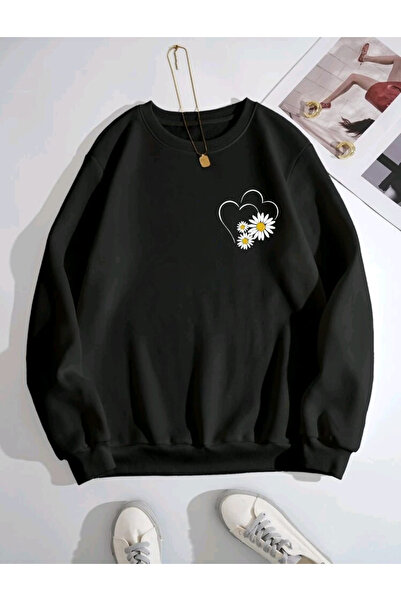 FAVORİST Φούτερ με λαιμόκοψη με στάμπα με καρδιά και μαργαρίτα