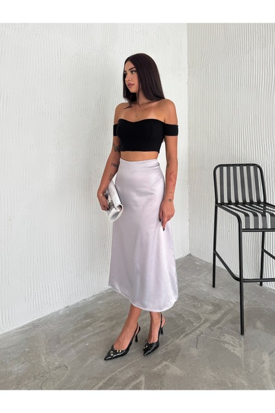 Gugus Жіноча модна сіра спідниця середньої довжини з атласу