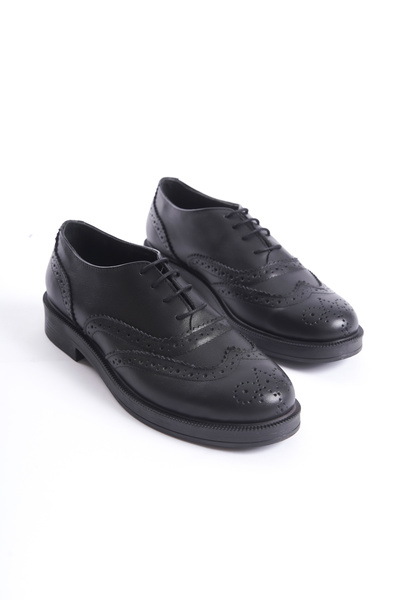 Deassa Hakiki Deri Siyah Cilt Oxford Kadın Ayakkabısı