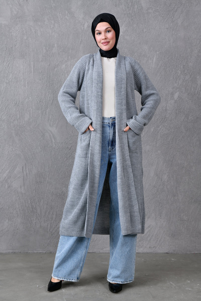 4S1B FASHION Gray Knitwear Fabric Double Pocket Shawl Collar Long Hijab Clothing Cardigan 5001