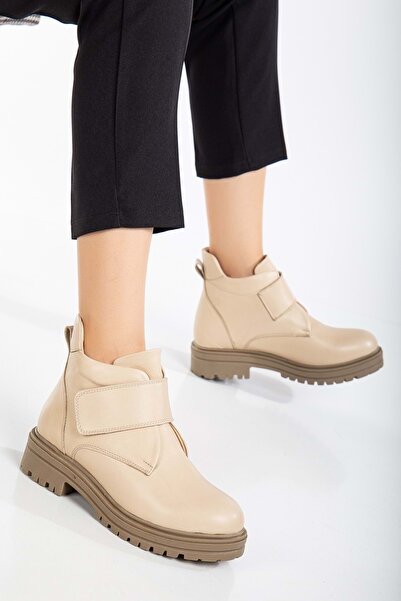 ANALİN SHOES Kadın Hakiki Deri Cırtlı Kolay Giyim Günlük Bot - Bej