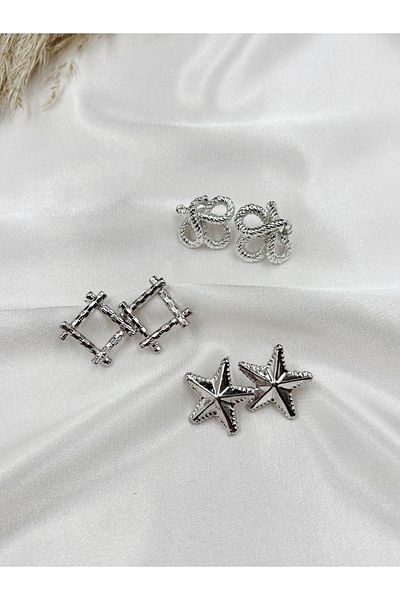 Eylülün Takısı Women's Silver Color 3 Pairs Star-Square-Knot Earrings Set