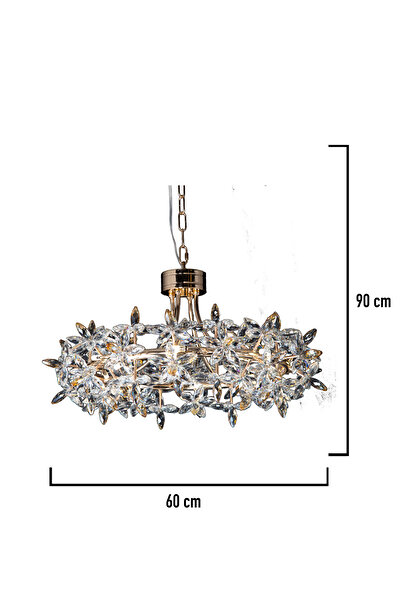 Apliqa Mercan 60'lık Yuvarlak Gold Kristal Taşlı Modern Oturma Odası, Salon Avize