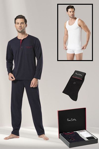 Pierre Cardin Men's Burgundy and Navy Color 4-Piece Groom Dowry Set Pajama Set-Atlet Boxer Socks
