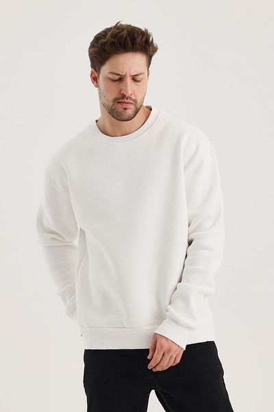 COMBİNE MİCHAİL Ecru Crew Neck Oversize Ribbed Basic Men's Sweatshirt