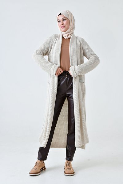 lovebox Stone Color Knitwear Women's Cardigan - Double Pocket, Shawl Collar, Long Hijab Clothing 5001