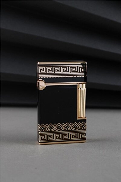 Silvio Monetti Özel Tasarım Kapaklı Yandan Çevirmeli Güçlü Alevli Altın Siyah Gazlı Çakmak Caksm069t