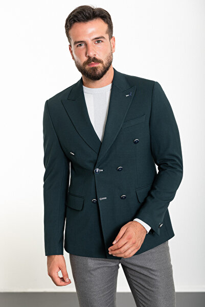 Mcr Striped Slim Fit Wide Collar Double Breasted Men's Jacket Emerald - 40286.23Y