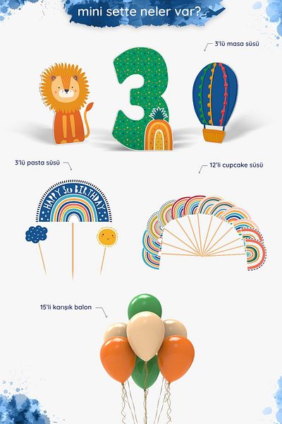 Hey Parti Μίνι σετ γενεθλίων 3 ετών - Boho Baby Multicolor, με θέμα το ουράνιο τόξο