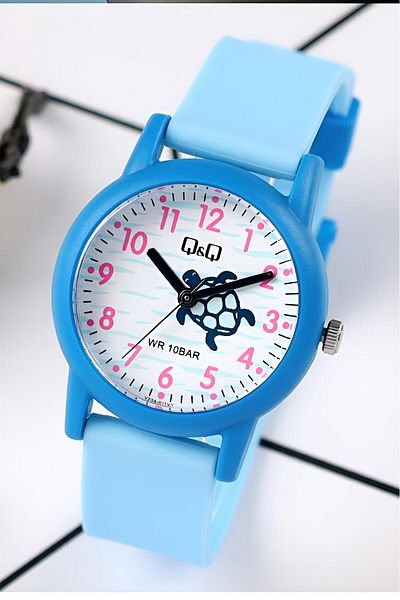 Q&Q Turtle Pattern Blue Color 10 Atm Waterproof Unisex Kids Wristwatch