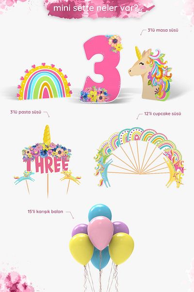 Hey Parti Σετ πάρτι γενεθλίων Unicorn Age 3 - Mini Concept