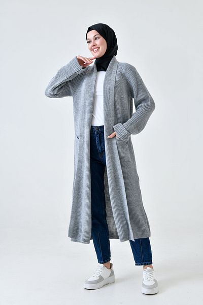 lovebox Gray Knitwear Hijab Clothing Cardigan - Double Pocket, Shawl Collar, Long Hijab 5001