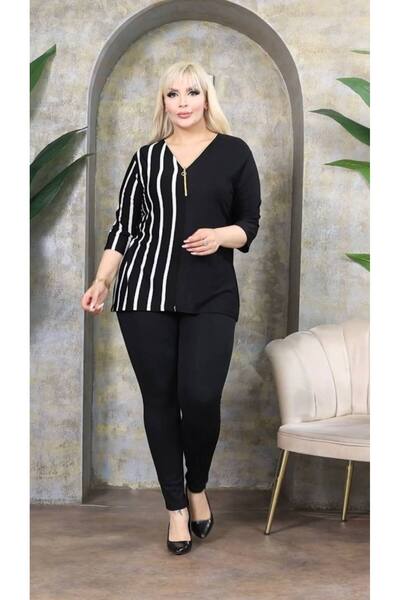 garajmood Μαύρη Λευκή Μισό ριγέ μπλούζα διπλής όψης Plus Size