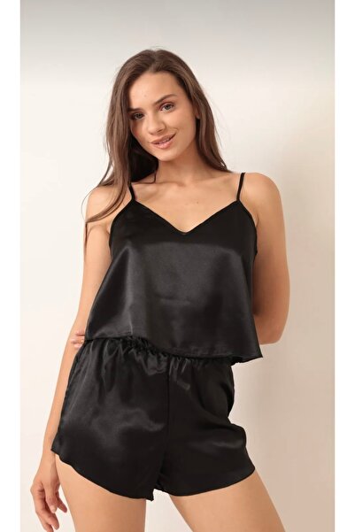 lenastella Siyah Saten Takım Gecelik