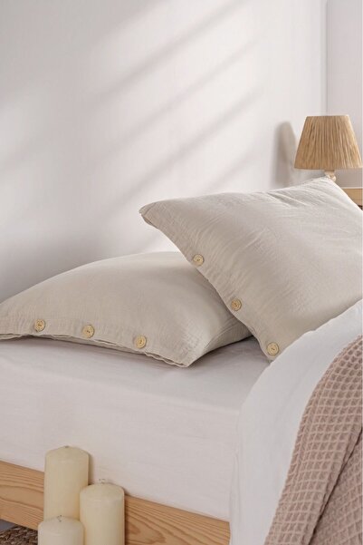 Kibele Düğmeli Müslin Yastık Kılıfı Bej 50x70 2 Adet Özel Işlemle Yıkanmış
