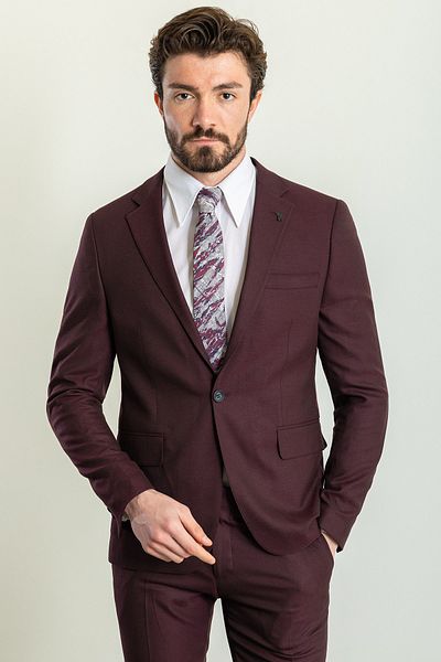 Mcr Straight Slim Fit Mono Collar Linen Men's Suit Burgundy - 45227.23Y