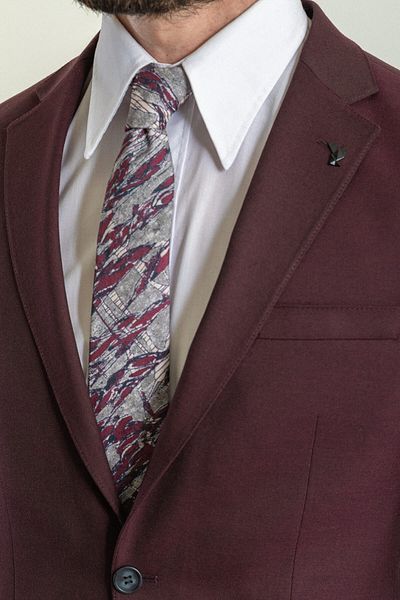 Mcr Straight Slim Fit Mono Collar Linen Men's Suit Burgundy - 45227.23Y