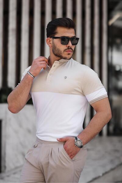 Miron Μπεζ και λευκό μπλουζάκι με κοντό μανίκι με λεπτομέρεια Kagi - 2402