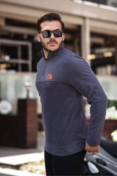 Miron Füme Unisex Nakışlı Dik Yaka Yarım Fermuarlı polar Sweatshirt- 2321