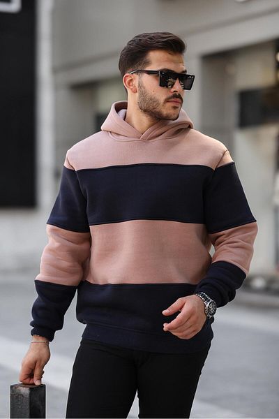 Miron Φούτερ με κουκούλα Camel Navy Blue - Τρεις κλωστές, μπλοκ κομμάτια - 2316