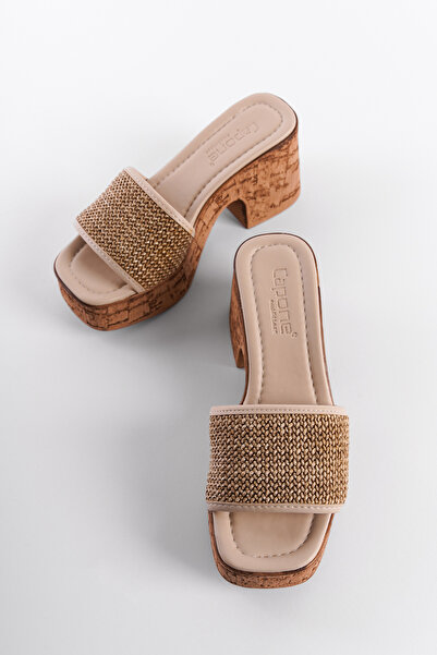 Capone Outfitters Γυναικείες Παντόφλες Σόλας Πλατφόρμας Cork Straw Μονό λουρί