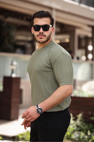 Miron Χακί πλεκτό κοντομάνικο μπλουζάκι - Crew Neck, ανάγλυφο - 2430