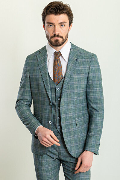 Mcr Ekoseli Slim Fit Mono Yaka Erkek Takım Elbise Petrol - 45230.23Y