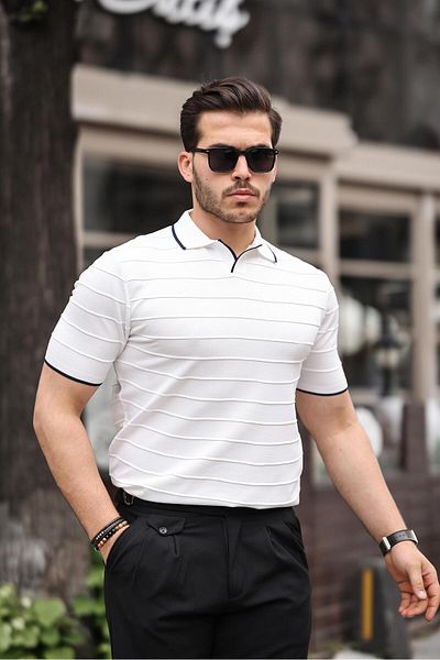 Miron Πλεκτό μπλουζάκι Polo Neck White Line - 2403