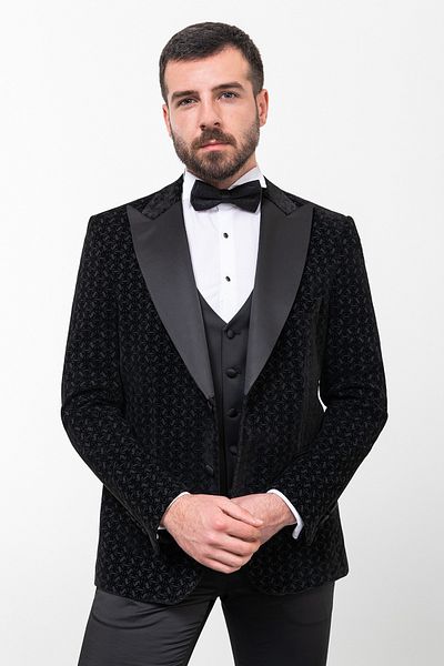 Mcr Patterned Slim Fit Wide Collar Velvet Men's Groom Suit Black - 45233.23Y