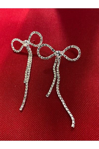 Hepimizin Bowknot Ribbon Silver Zircon Stone Earrings