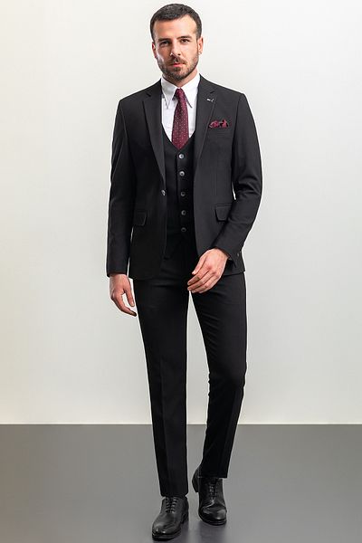Mcr Striped Slim Fit Mono Collar Men's Suit Black - 45201.23Y