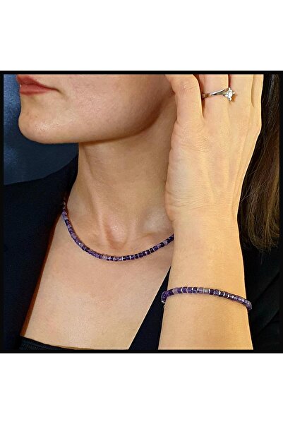 Seven Art Jewelry Ametist, Hematit Gümüş Set, Doğal Taş Set, Bileklik ve Koly...