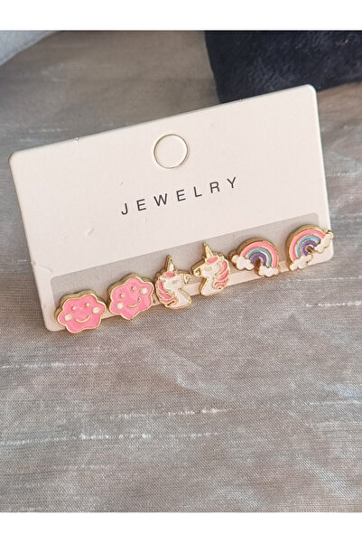 Brassito Üçlü küpe set sevimli figür çivi unicorn küpe seti gold renk tabanlı