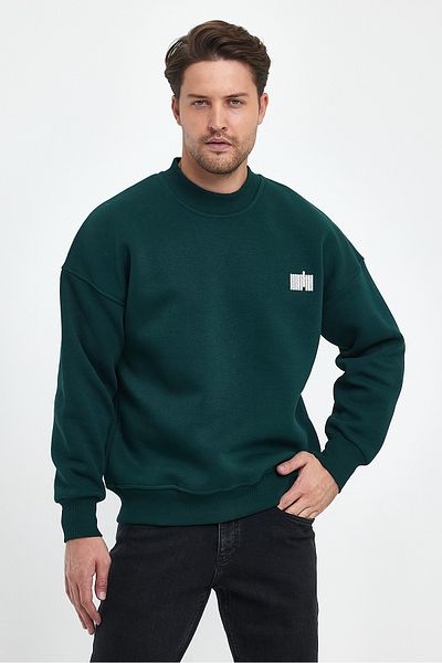 COMBİNE MİCHAİL Ανδρικό φούτερ Oversize Σκούρο Πράσινο - Κεντημένο και Λαιμόκοψη
