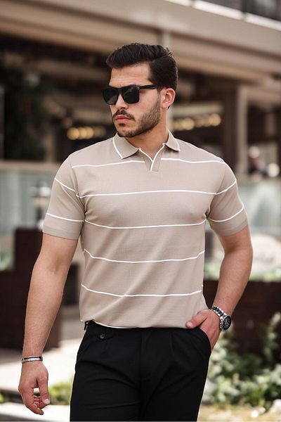 Miron Μπλουζάκι Polo Neck Beige ριγέ πλεκτό - 2427