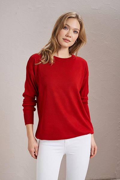 TENA Women's Red Crew Neck Basic Knitwear Sweater