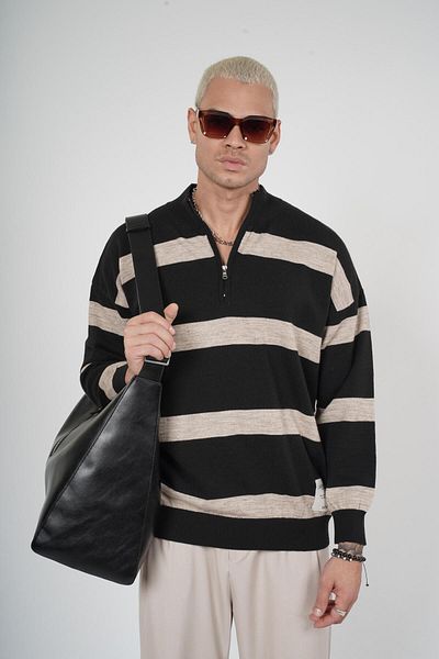 Butik Striped Half Zipper Oversize Knitwear Sweater